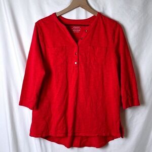 Chicos Womens The Ultimate Tee Red 3/4 Sleeve Button Neck Top Size M Casual